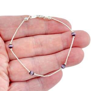 1990's Sterling Silver Purple Cat’s Eye Glass Bar-and-Bead Bracelet 7 Inches